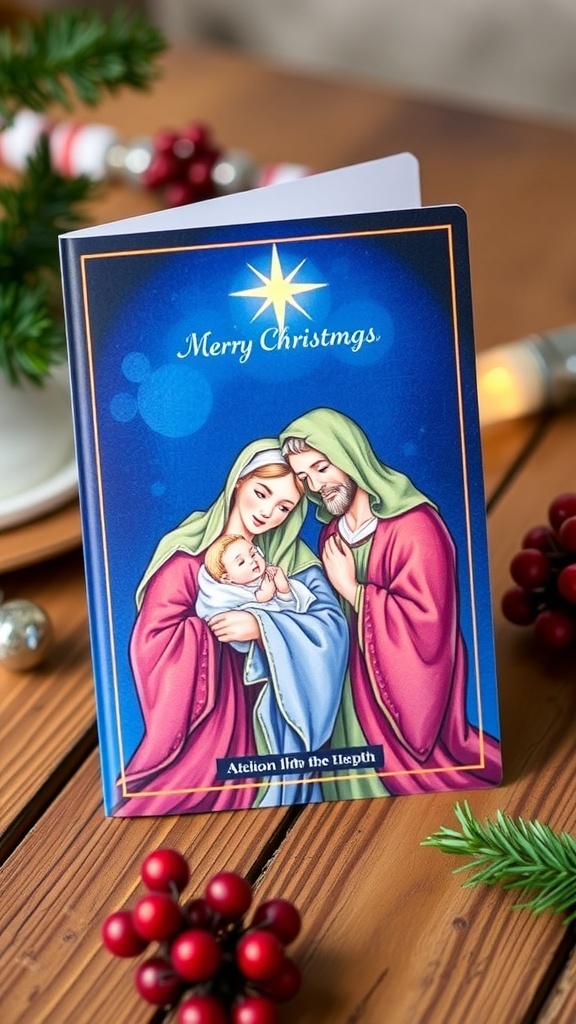 Christmas card design with the Holy Family, featuring Mary, Joseph, and baby Jesus under a starry sky.